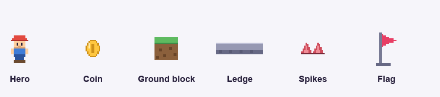 The six cast members: hero, coin, ground block, ledge, spikes, flag