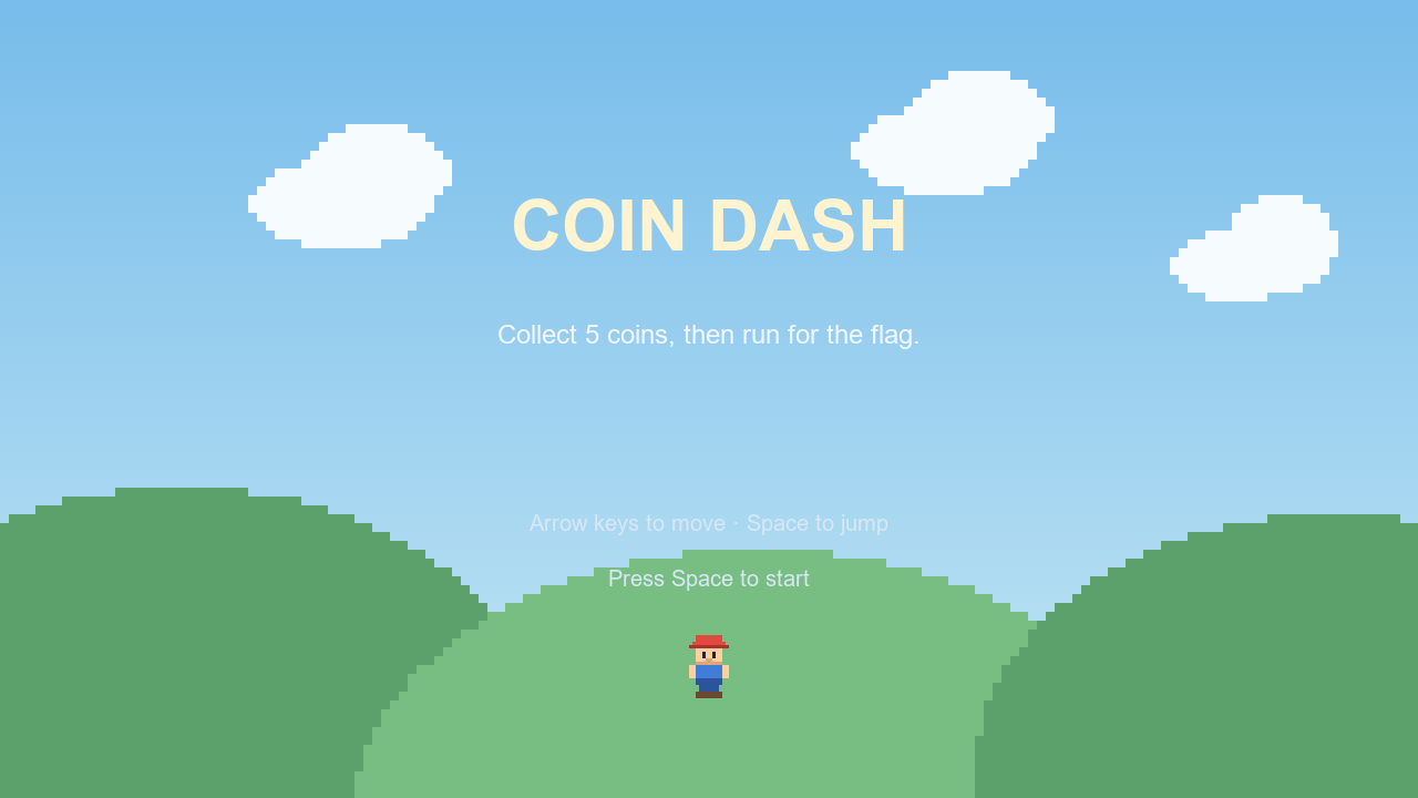 Coin Dash title screen with sky, hills and the hero