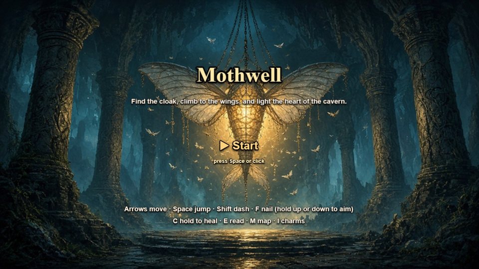 Mothwell's title screen: a moth-shaped lamp hanging in a cavern of stone pillars